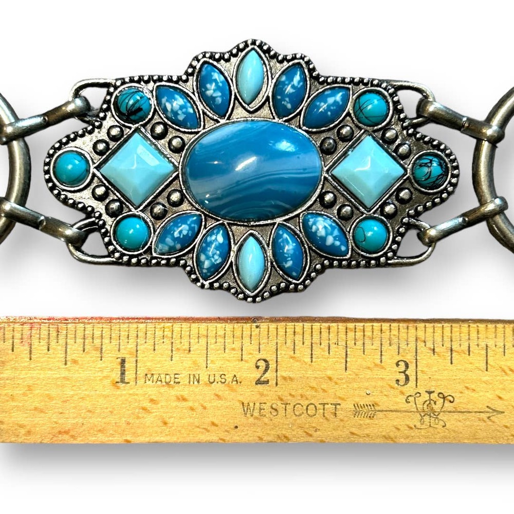 Southwest Faux Turquoise Stone and Metal Chain Belt Boho Western - Picture 5 of 6